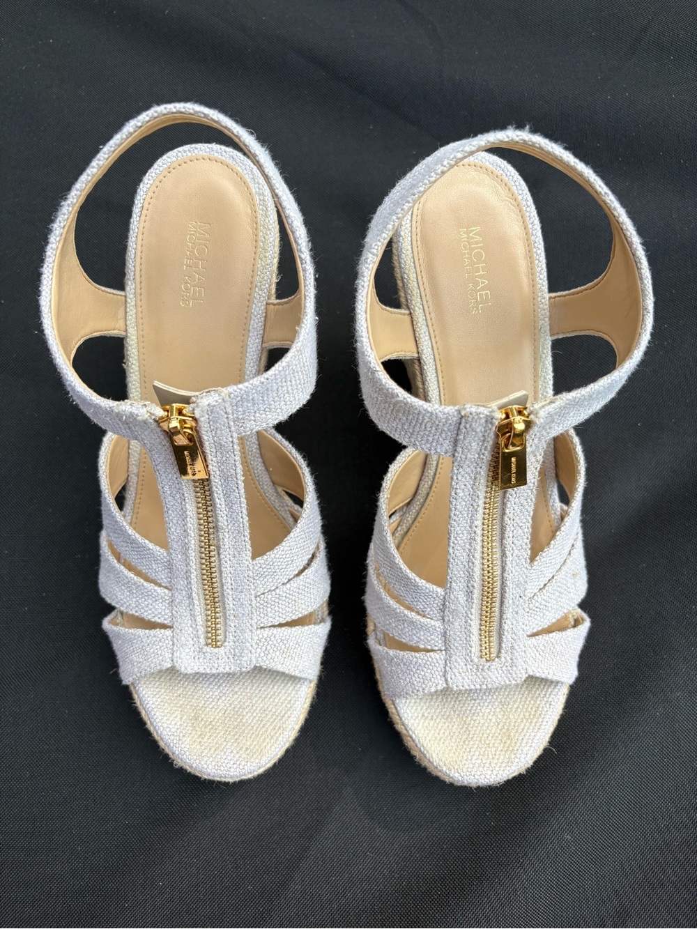 Michael Kors Gray Fabric Front-Zip Wedge Sandals